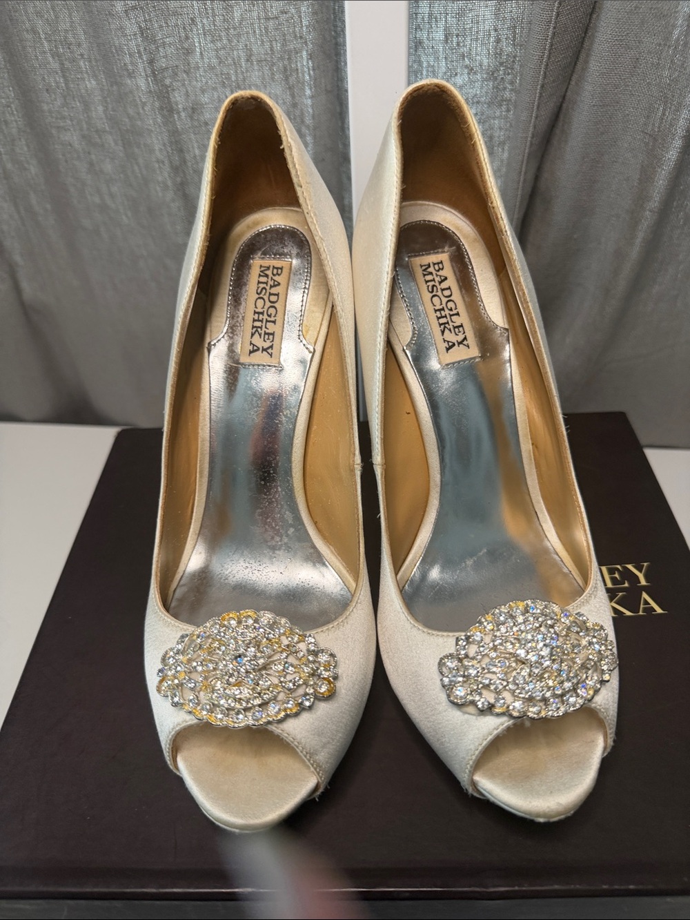 Badgley Mischka Satin Crystal-Embellished Peep-Toe Heels